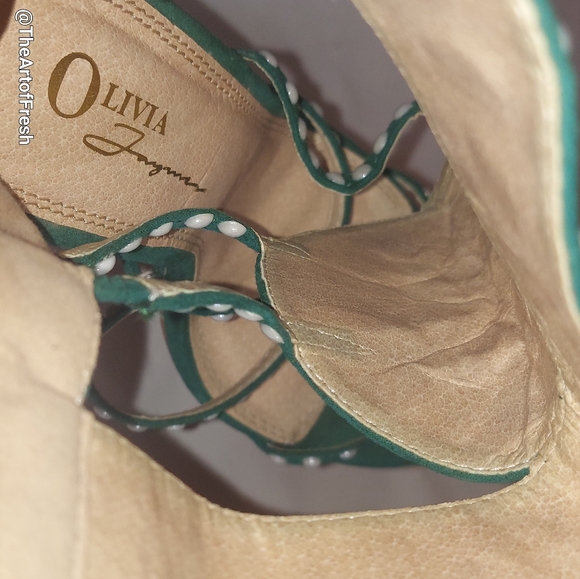 🔥🔥 OLIVIA FERGUSON, 4inch Green Rhinestone Gladiator zipper heels, size 9 - Picture 8 of 14